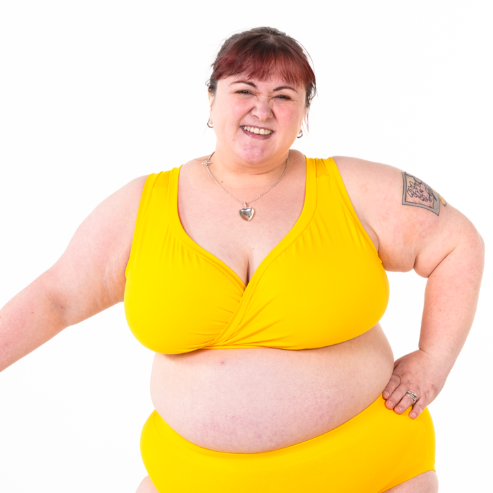Rhona is wearing marigold yellow underwear set